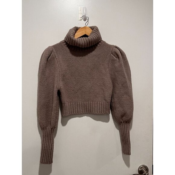 Zara Brown Cropped Turtleneck Puff Sleeves & Ribbed Cuffs Women's Sweater Size M - Picture 3 of 9